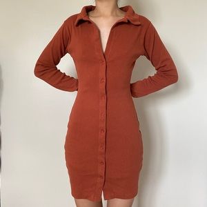 Nasty Gal ribbed button down long sleeve mini shirt dress in rust